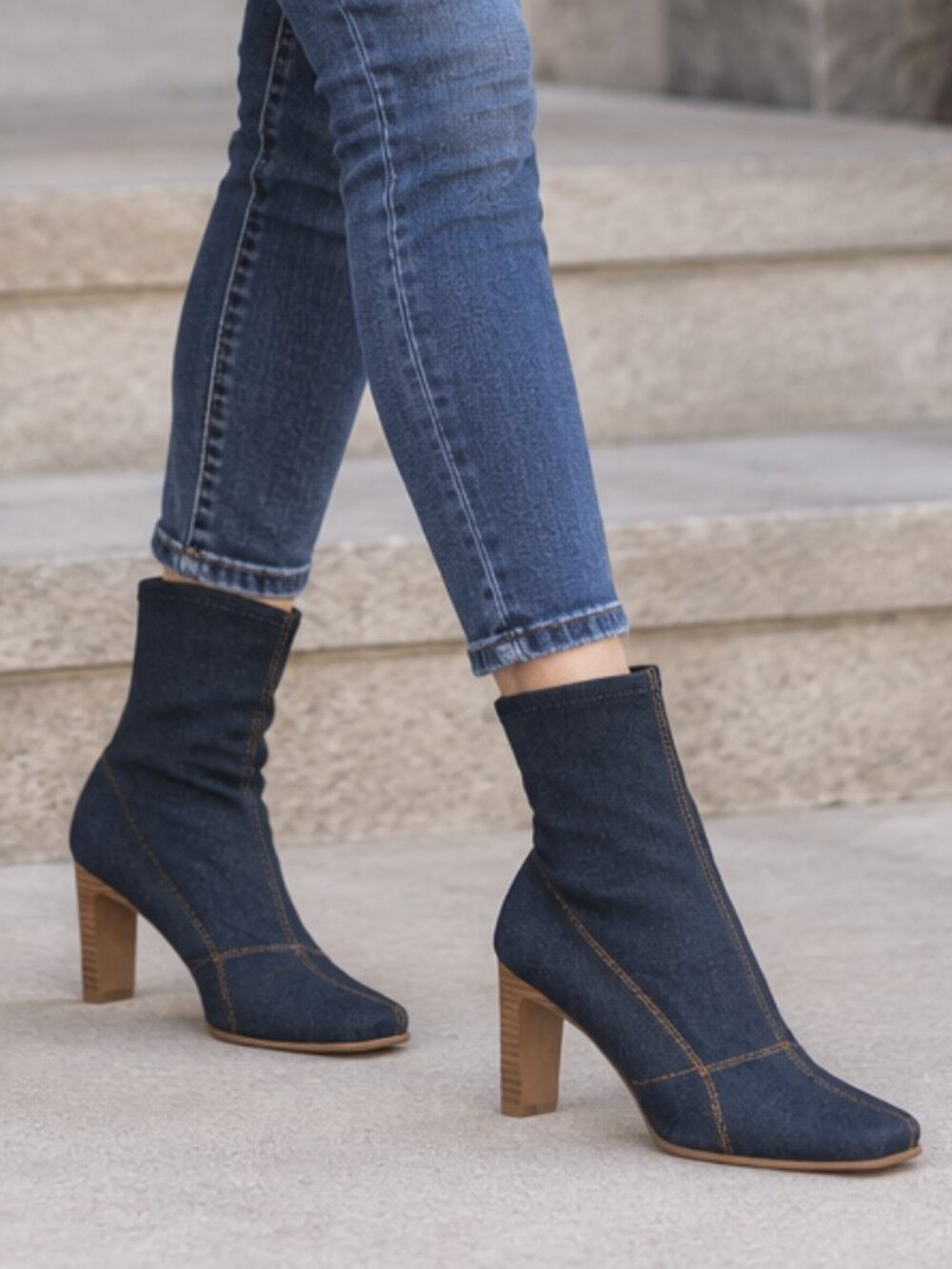 Dark Denim Sock Mid-Calf Ankle Booties Boots
